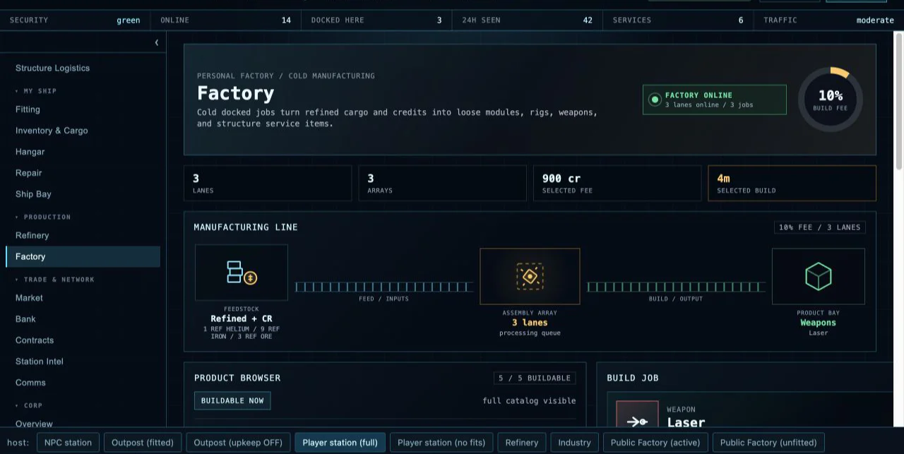 Current SpaceMMO Dock factory panel showing manufacturing lanes and buildable products.