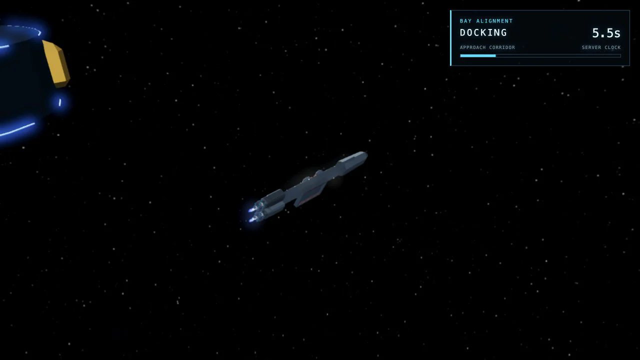 Current SpaceMMO docking preview showing a ship entering the station approach corridor.